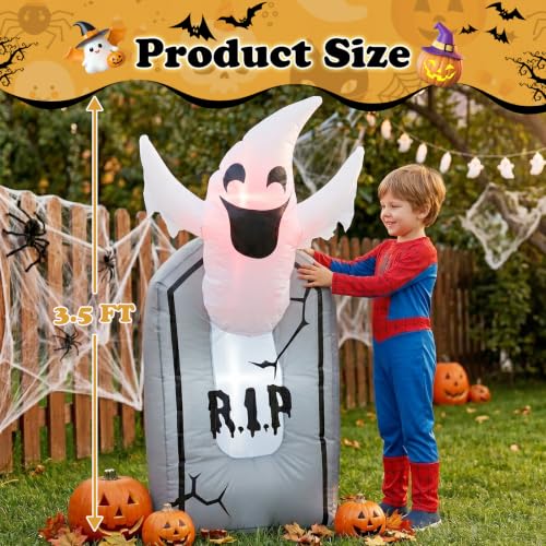 3.5ft Halloween Inflatable Ghost and Tombstone Yard Decoration with LED Lights
