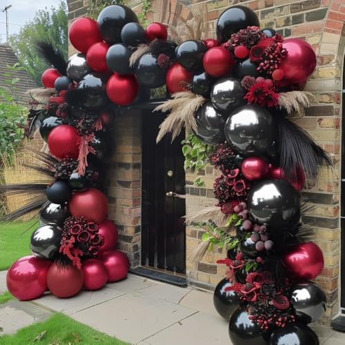 Double Stuffed Black Red Burgundy Balloon Garland Kit for Gothic Halloween Party - Variation: Black Red Burgundy