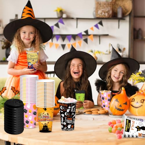 Halloween Disposable Coffee Cups 12oz with Lids - 48 Pack, 6 Designs - 12oz Halloween