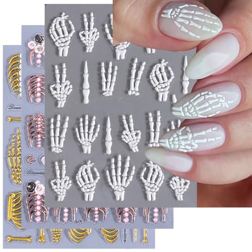 Halloween Nail Art Stickers 5D Embossed Skull Hand Rose Bone Design A4 - DIY Nail Decals