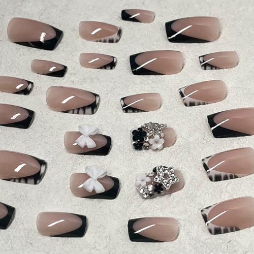 Press On Nails Short Square with Bow Charms and Zebra Print - 24 Pack