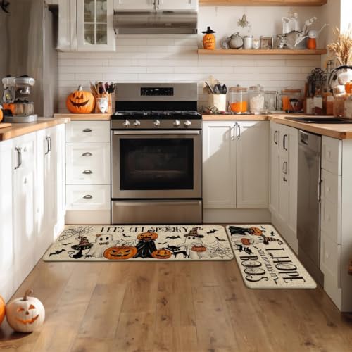 Halloween Spider Web Kitchen Mats Set of 2 - 17x29 & 17x47 Inches, Beige