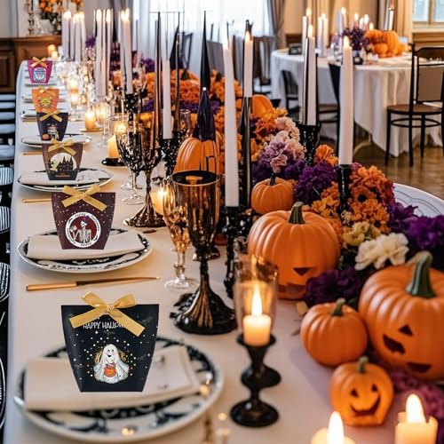 Halloween Treat Boxes with Ribbons - 24 Pack Festive Gift & Goodie Boxes - Variety of Designs