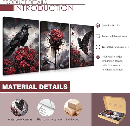 Gothic Crow Wall Art Set - 3 Pieces Canvas Prints with Roses & Skulls, Framed Halloween Decor, 16x12 inches - Crow Rose Variation