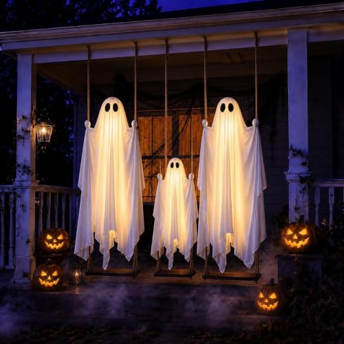 Ghost on a Swing Decoration Set with Ropes - White Family Halloween Outdoor Porch