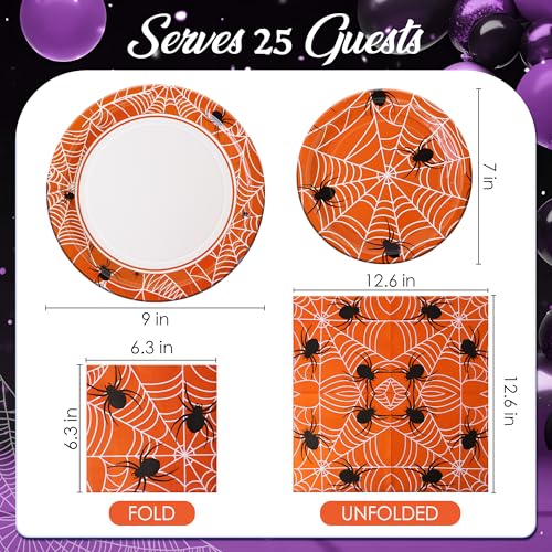 Halloween Party Decor Paper Plates & Napkins Set - Orange Spider Web Design for 25 Guests