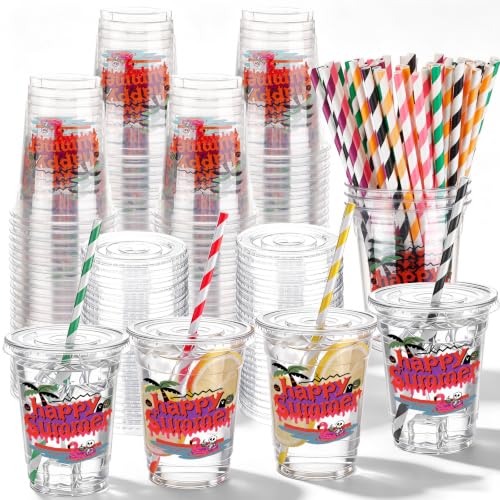 Happy Summer Halloween Disposable Plastic Cups Set - 100 Count with Lids & Striped Straws