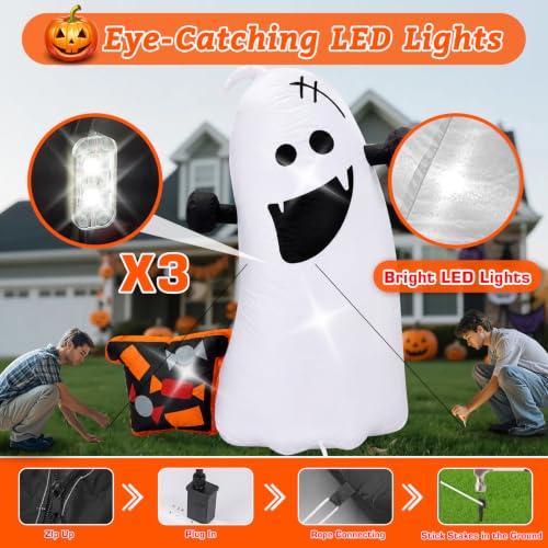 4FT Ghost Outdoor Halloween Inflatable Decoration - Spooky Ghost Blow Up with Stakes & Ropes
