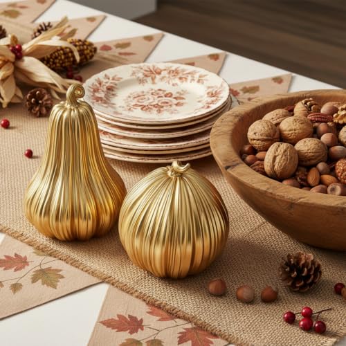 Gold Fall Pumpkin Decor - 2Pcs Resin Pumpkins for Thanksgiving & Autumn Home Decoration - Variation B
