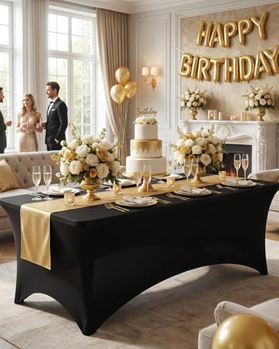Fixwal 8FT Black Stretch Fitted Tablecloth for 8 Foot Tables - Premium Spandex Cover with Reinforced Leg Pockets