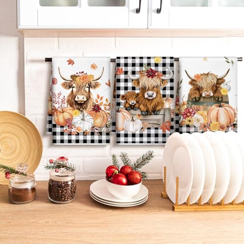 Preboun Highland Cow Kitchen Towels Set - Fall Plaid Dish Towels, Black / Grid, 6 pcs