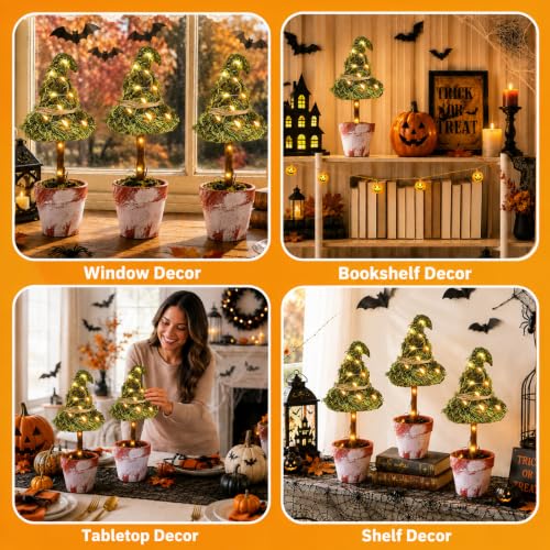 Halloween Witch Hat Topiary Decor with LED Lights - 3 Pieces, Woodland Style
