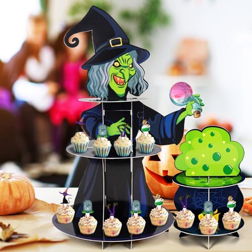 Halloween Cupcake Stand Set with 24 Toppers - 3-Tier Cauldron & Witch Designs