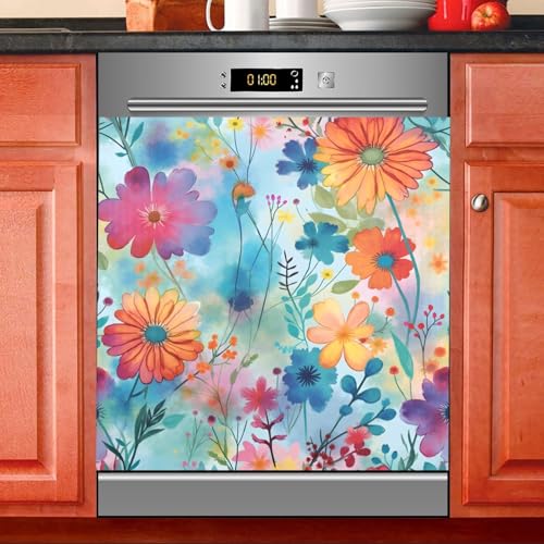 Colorful Flowers Dishwasher Magnet Cover Sticker 23x26 in - Magnetic Refrigerator Panel