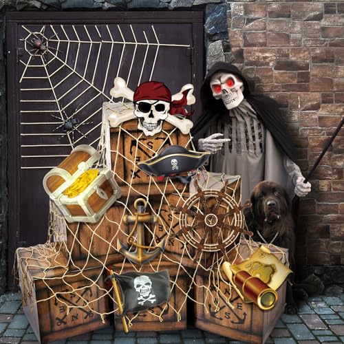 Pirate Party Decorations Set with Treasure Boxes, Adventure Cardboards & Fishing Net