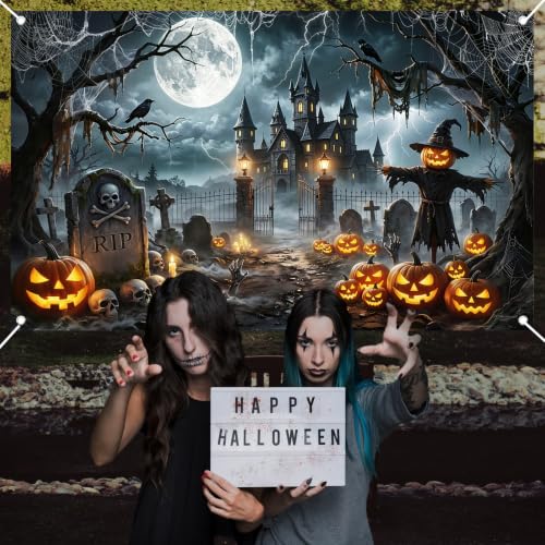 Avezano Halloween Banner 6x3.6ft Spooky Haunted Graveyard Backdrop - Creepy Halloween Decorations