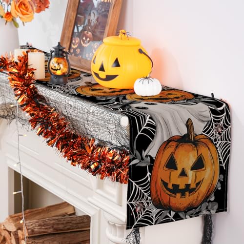 Halloween Table Runner 13x72 Inch Jack-O-Lantern Ghost Spider Fall Decor
