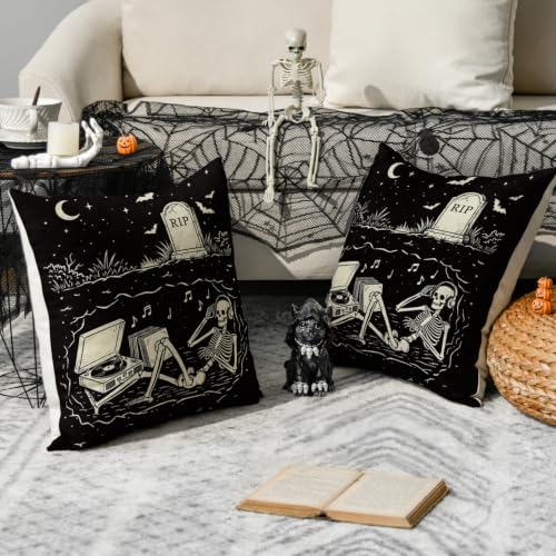 Halloween Skeleton Pillow Covers Set of 2 - Black 18x18 Inches Decorative Throw Pillows