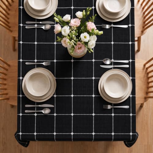 Farmhouse Plaid Tablecloth - Black 60x84 Inch Rectangular Kitchen Decor