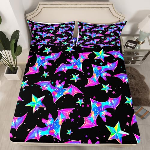 Halloween Bat Fitted Sheet Set - Kids King Size Bedding for Boys & Girls