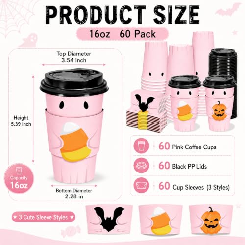 Disposable Coffee Cups with Lids & Sleeves - Pink Ghost Halloween 16 Oz - Pack of 60