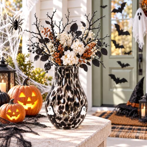 Halloween Ghost Glass Vase Black and White Hand Blown Centerpiece Decor 6.6 x 6.7 Inches