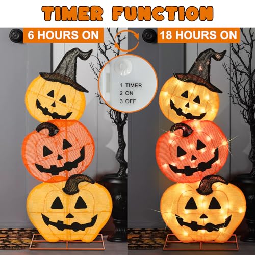 Lighted Halloween Stacked Pumpkins Decoration with 50 Warm White LEDs - Indoor & Outdoor Porch Yard Display - 39 Inches Tall - Variations of Stacked Pumpkins