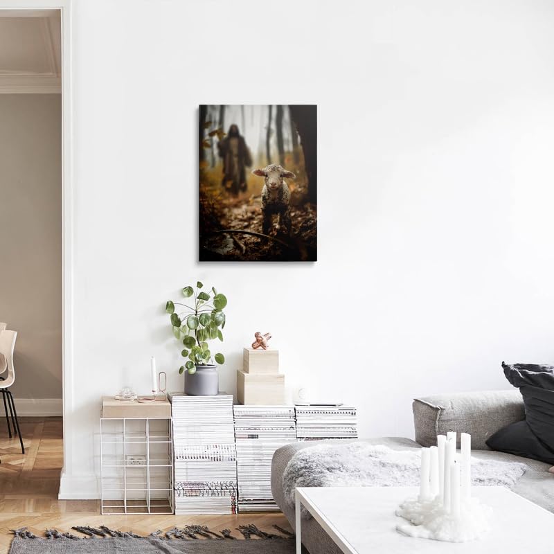 Jesus Shepherd Wall Art Canvas - Jesus Running After Lost Lamb 24x16 Inches - Christian Home Decor