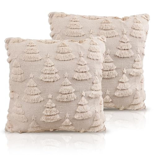 Christmas Tree Pattern Faux Fur Pillow Covers Set of 2 - 18x18 Inches Beige