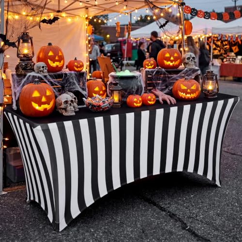 6ft Black and White Striped Spandex Tablecloth Halloween Decoration - Variation 1
