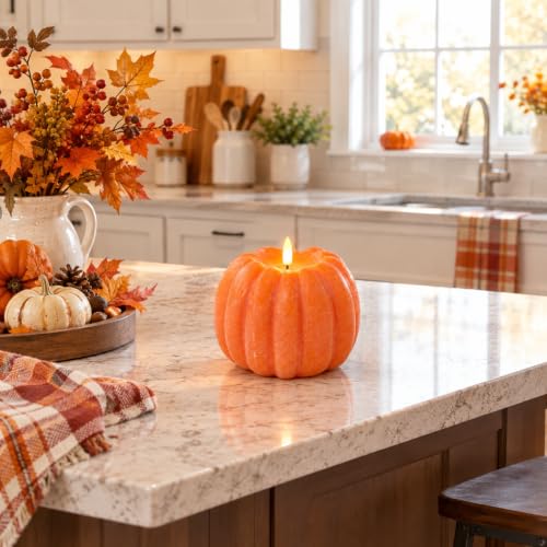 Orange Flameless Pumpkin Candle for Fall Decor - Remote Control, 5.5 Inch