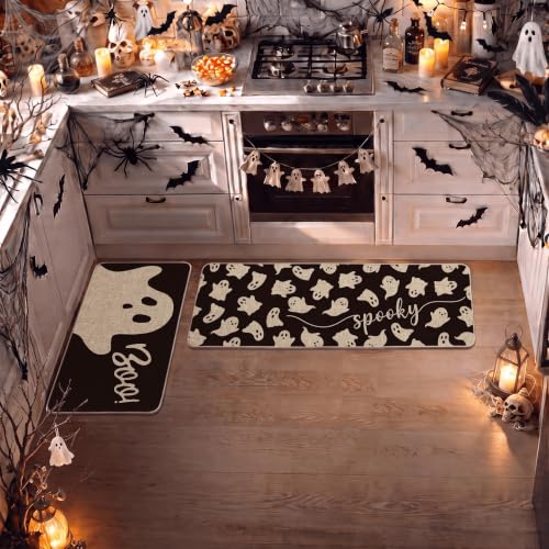 Ghosts Boo Halloween Kitchen Mats Set of 2 - 17x29 & 17x47 Black