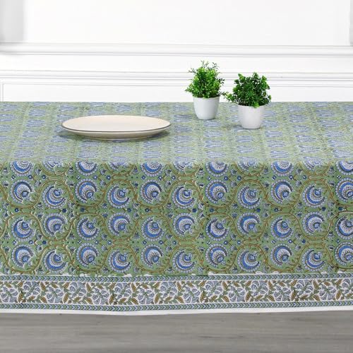 Ridhi Verdant Mist Hand Block Print Cotton Tablecloth 120x60 Rectangular