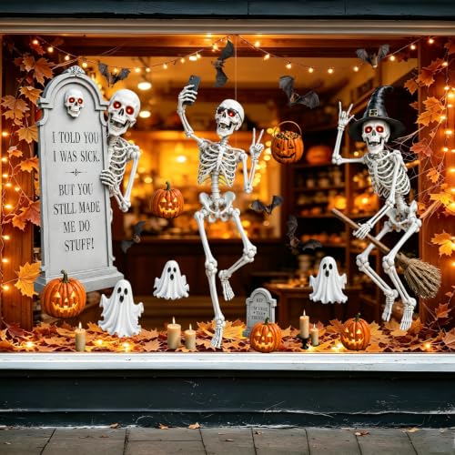 Halloween Window Clings - Extra Large Skeleton Decals for Indoor & Outdoor Glass, Reusable Party Decorations