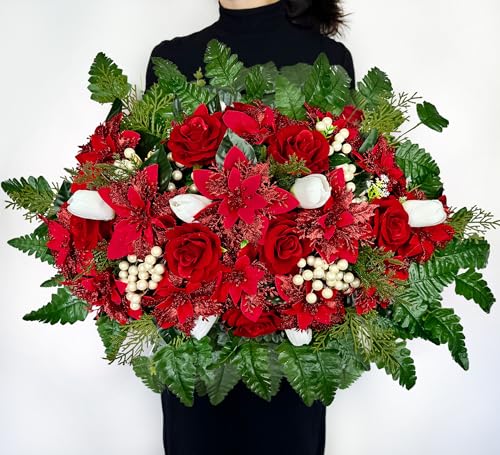 Artificial Cemetery Flowers for Grave Decoration with Adjustable Headstone Saddle - Realistic Winter Memorial Arrangement