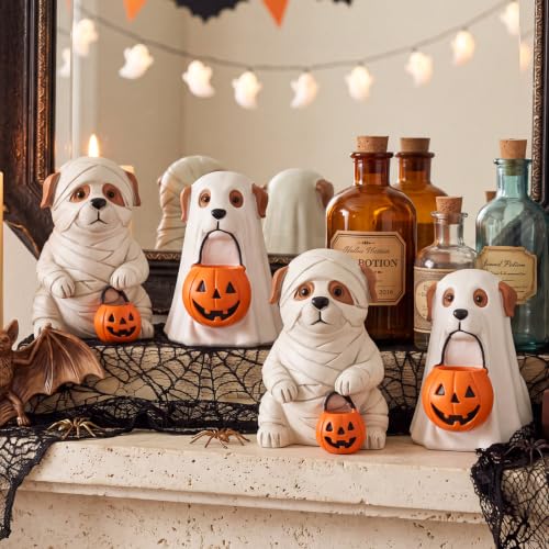 Halloween Ghost Dog Decor Set - Mummy & Pumpkin Figurines for Fall Home Decor