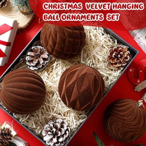 Blueweenly 4-Inch Brown Velvet Christmas Ball Ornaments - Pack of 4