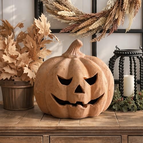 Medium Handmade Terracotta Jack-O'-Lantern Pumpkin Halloween Decor - 11"