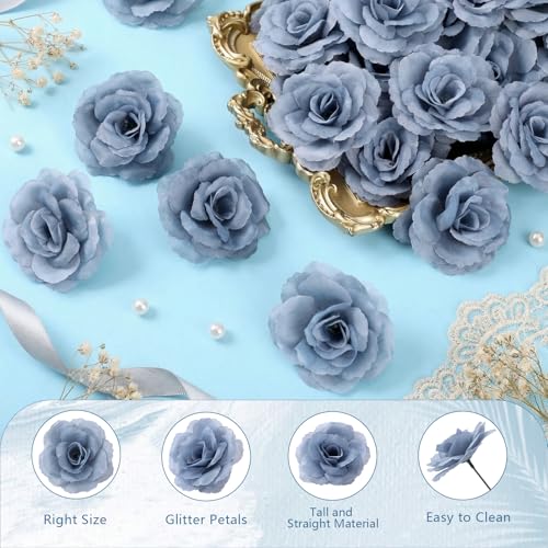 Artificial Blue Roses Bouquet - 100 Pcs Long Stem Silk Flowers for Wedding & Party Decor - Dusty Blue