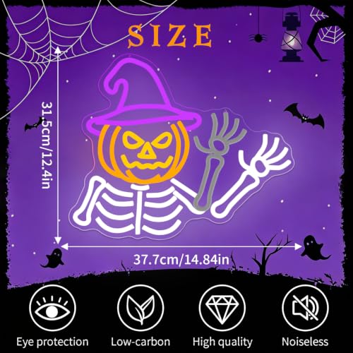 Waving Pumpkin Skeleton Neon Sign for Halloween Wall Decor USB Dimmable LED Light