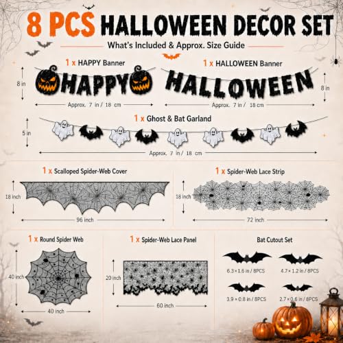 Halloween Indoor Decor Set with Spider Web Tablecloth, Bat Wall Stickers & Mantel Scarf