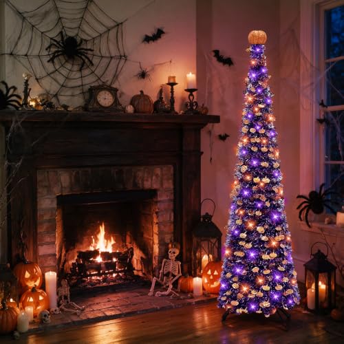 Halloween Black Tinsel Tree with Orange & Purple String Lights - 5 Ft Decor