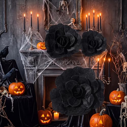 Giant Black Artificial Roses Set of 3 - Velvet Halloween Gothic Decor, 12-20 Inch Variation of Velvet Rose / Black