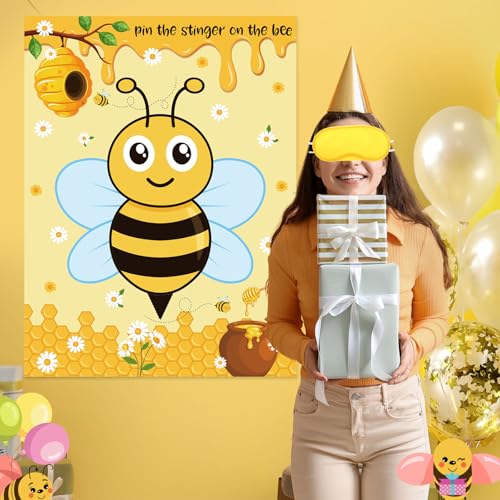 Bee Party Decorations Kit - Pin the Stinger on the Bee Game Set with Poster, Stickers & Mask - Bee Variation