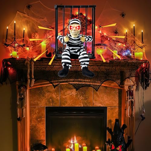 Scary Skeleton Cage Halloween Decor with Motion Sensor, Haunted House Prop