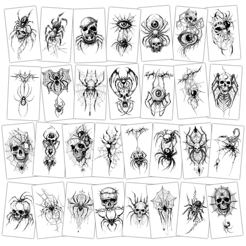 Skeleton Spider Halloween Tattoos - Scary Skull & Web Temporary Body Art with Variation