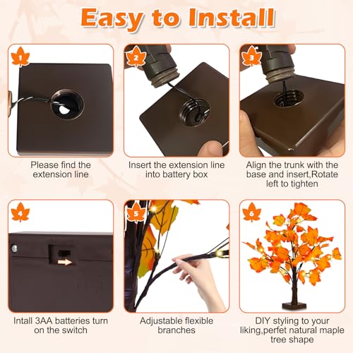 2 Pack Lighted Fall Maple Trees for Thanksgiving & Autumn Decor - Battery Operated, 24 Inch