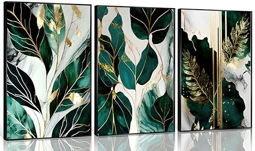 Green and Gold Abstract Wall Art Set - 16x24 Inch Emerald Canvas Prints for Living Room & Bedroom - Unframed