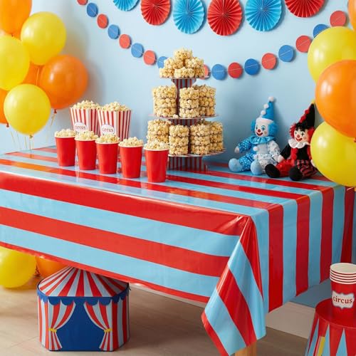 Blue and Red Striped Plastic Tablecloth - Halloween Party Rectangular 108x54 Inches - Set of 3