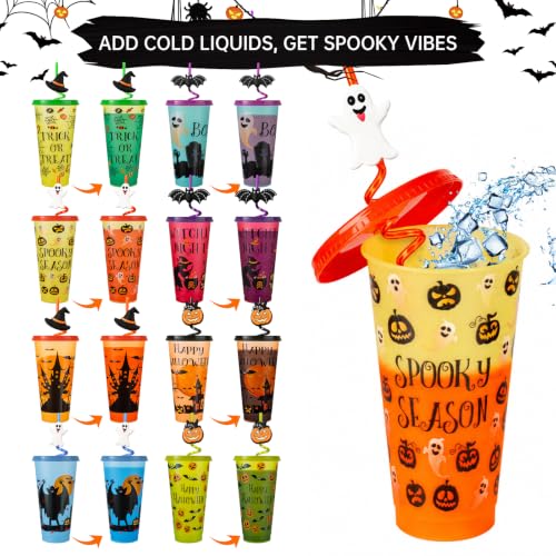24 Pack Color Changing Halloween Cups with Lids & Straws - 24 oz Reusable Party Tumblers